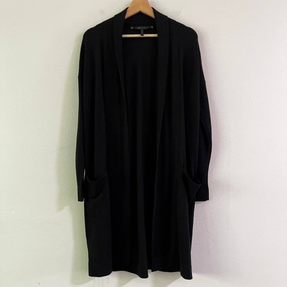 BCBGMaxAzria Merino Wool Long Open Front Cardigan Black Knit Pockets size‎ XS